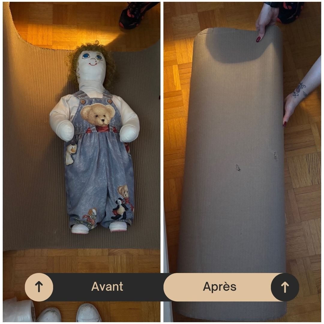 Photo pendant l'enroulement des effets personnels et poupée en porcelaine pour envoyer au nettoyeur à tissus
